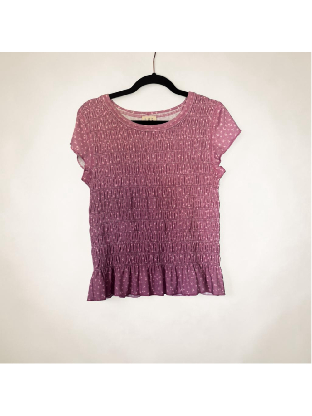 Women's POL Mauve Pink Floral Smocked Short Sleeve Top L - Picture 6 of 6